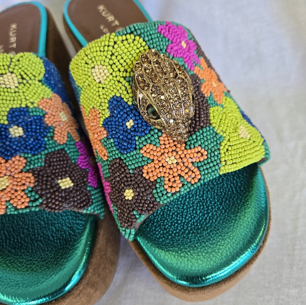 Kurt Geiger Beaded Floral Slide Mules in Teal, Green, Pink, Orange - Picture 7 of 16